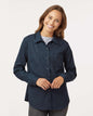 Woman wearing a navy blue shirt on a white background, Dickie's Women's Industrial Long Sleeve Work Shirt, Embroidered