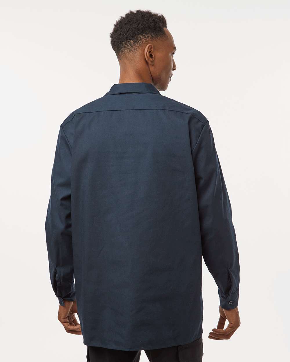Man wearing a dark blue shirt on a white background. Dickie's Men's Industrial long Sleeve Work Shirt, Embroidered by Helmsman Stitch Co.