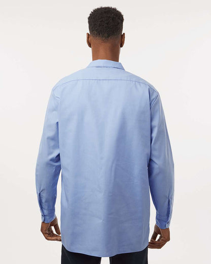 Man wearing a light blue shirt from behind on a white background. Dickie's Men's Industrial long Sleeve Work Shirt, Embroidered by Helmsman Stitch Co.