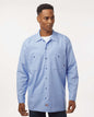 Man wearing a light blue work shirt on a white background. Dickie's Men's Industrial long Sleeve Work Shirt, Embroidered by Helmsman Stitch Co.