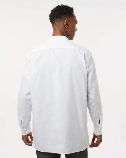 Man wearing a white dress shirt from the back on a white background. Dickie's Men's Industrial long Sleeve Work Shirt, Embroidered by Helmsman Stitch Co.