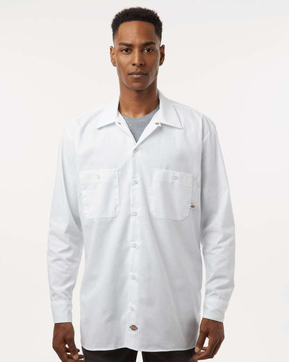 Man wearing a white long-sleeve shirt on a plain background. Dickie's Men's Industrial long Sleeve Work Shirt, Embroidered by Helmsman Stitch Co.
