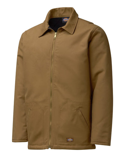 Brown jacket with a visible brand logo on a white background, Dickie's Men's Duck Chore Coat, Embroidered