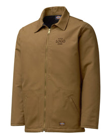 Brown jacket with a visible brand logo on a white background, Dickie's Men's Duck Chore Coat, Embroidered