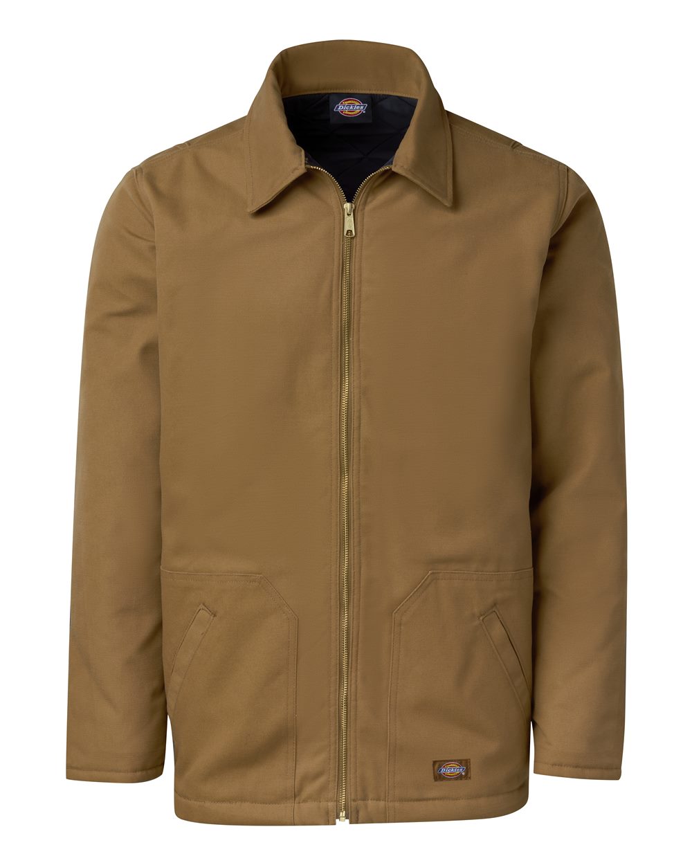 Brown jacket with a visible brand logo on a white background, Dickie's Men's Duck Chore Coat, Embroidered