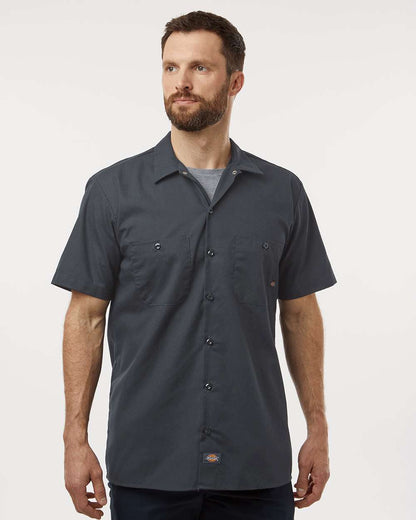 Man wearing a dark gray short-sleeve shirt on a white background. Dickie's Men's Industrial Short Sleeve Work Shirt, Embroidered by Helmsman Stitch Co.