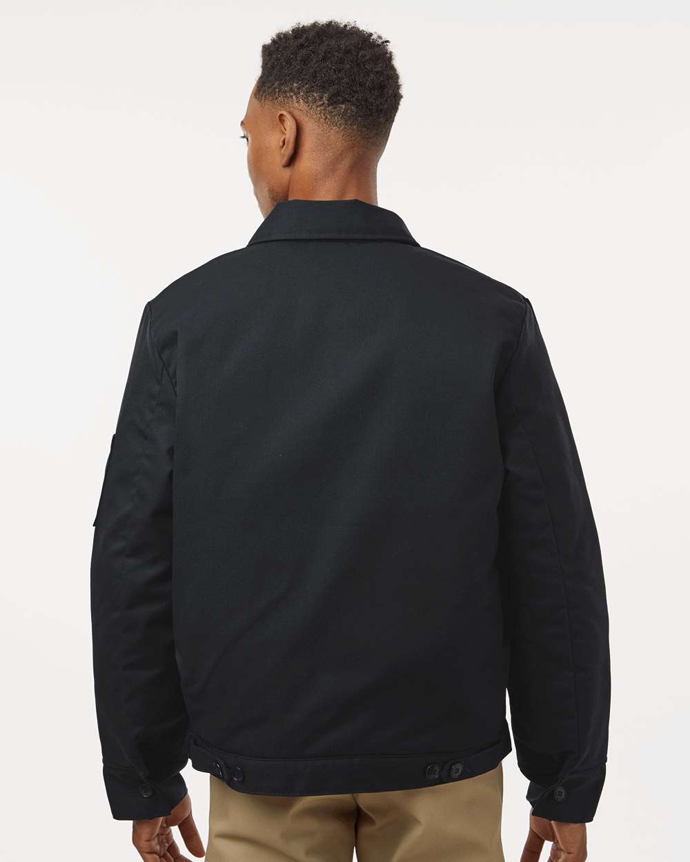 Man wearing a black jacket on a white background. Dickie's Unisex Insulated Industrial Eisenhower Jacket, Embroidered