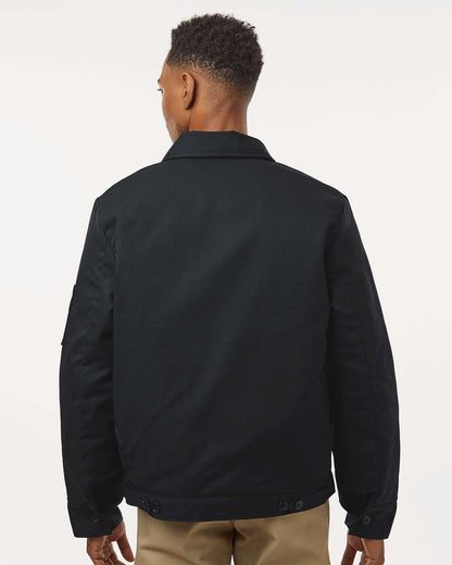 Man wearing a black jacket on a white background. Dickie's Unisex Insulated Industrial Eisenhower Jacket, Embroidered