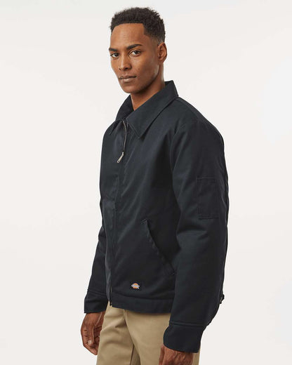 Man wearing a black jacket on a white background. Dickie's Unisex Insulated Industrial Eisenhower Jacket, Embroidered