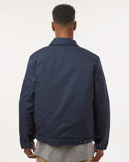 Man wearing a navy blue jacket on a white background. Dickie's Unisex Insulated Industrial Eisenhower Jacket, Embroidered