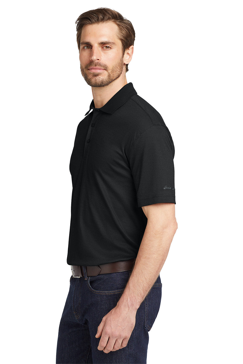 Man wearing a black polo shirt on a white background, Eddie Bauer® Performance Polo, Embroidered