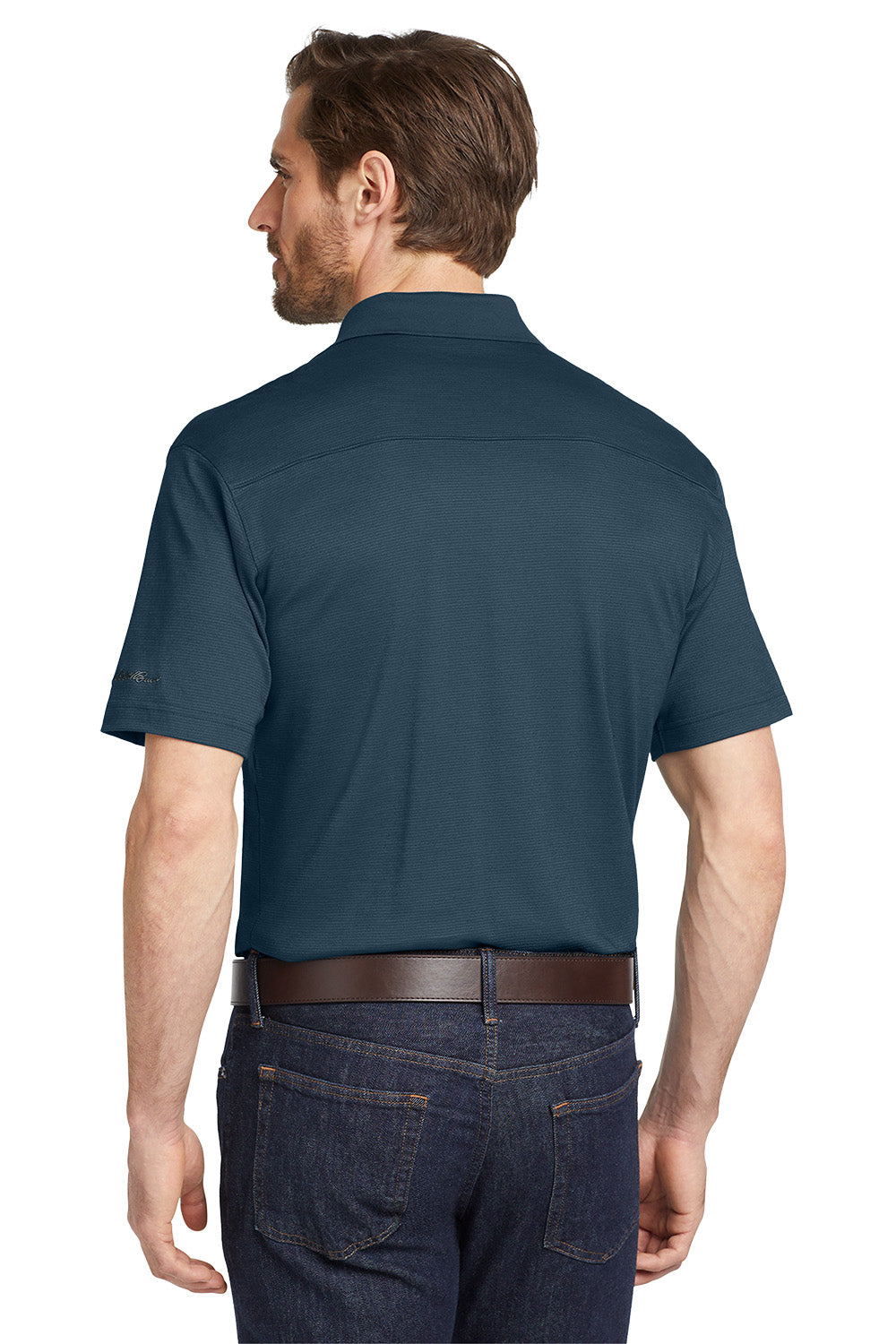 Man wearing a dark blue short-sleeve shirt on a white background, Eddie Bauer® Performance Polo, Embroidered