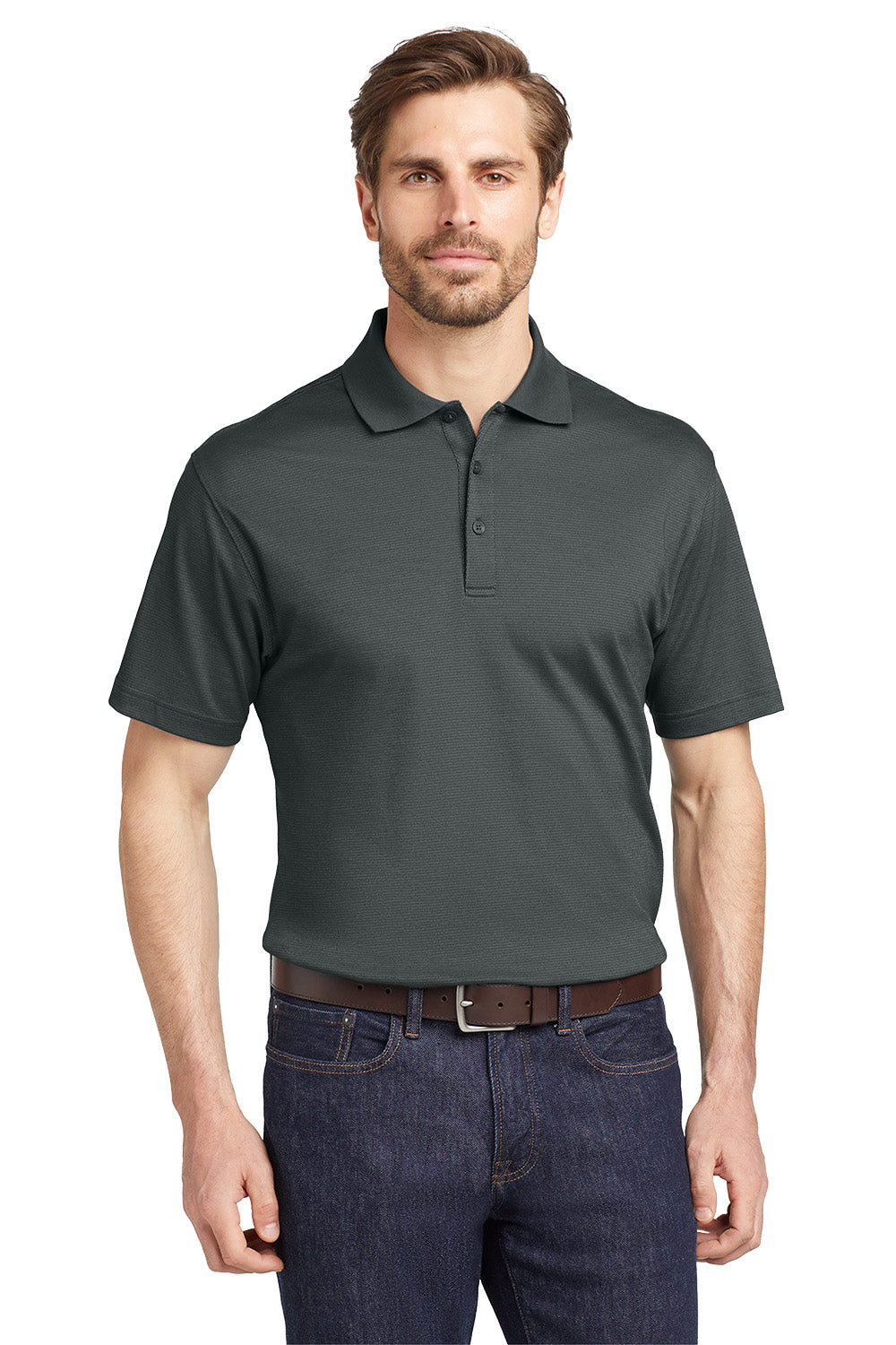 Man wearing a dark gray polo shirt with a logo on a white background, Eddie Bauer® Performance Polo, Embroidered