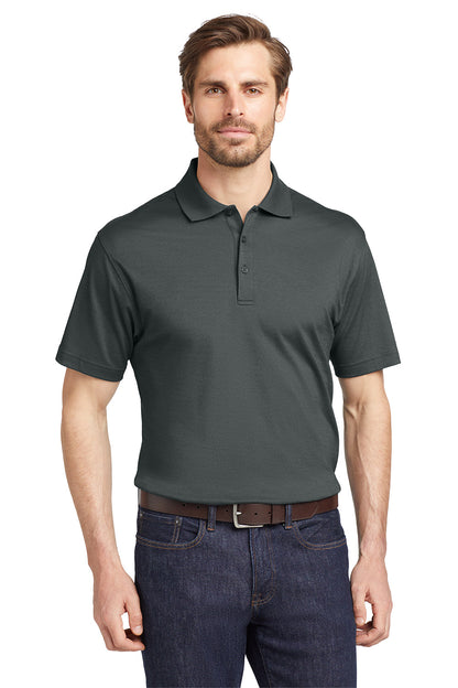 Man wearing a dark gray polo shirt with a logo on a white background, Eddie Bauer® Performance Polo, Embroidered
