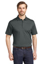 Man wearing a dark gray polo shirt with a logo on a white background, Eddie Bauer® Performance Polo, Embroidered
