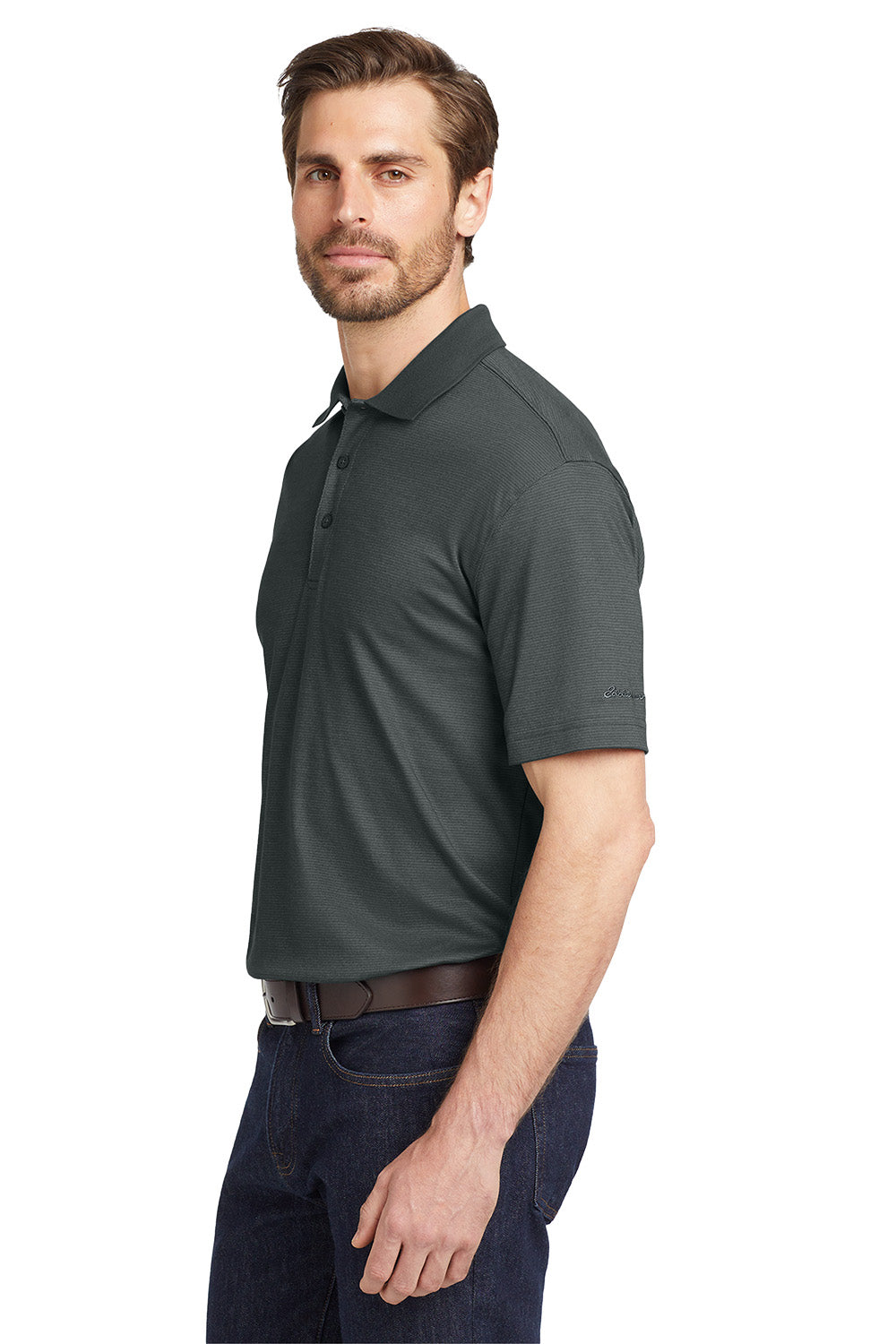 Man wearing a dark gray polo shirt on a white background, Eddie Bauer® Performance Polo, Embroidered