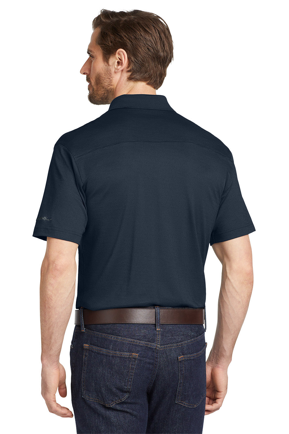Man wearing a navy blue polo shirt on a white background, Eddie Bauer® Performance Polo, Embroidered