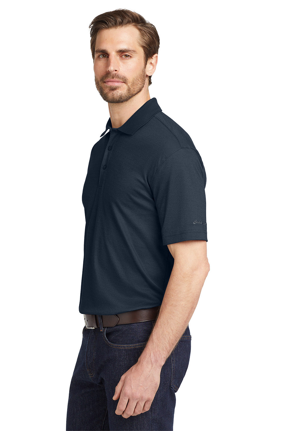 Man wearing a navy blue polo shirt on a white background, Eddie Bauer® Performance Polo, Embroidered