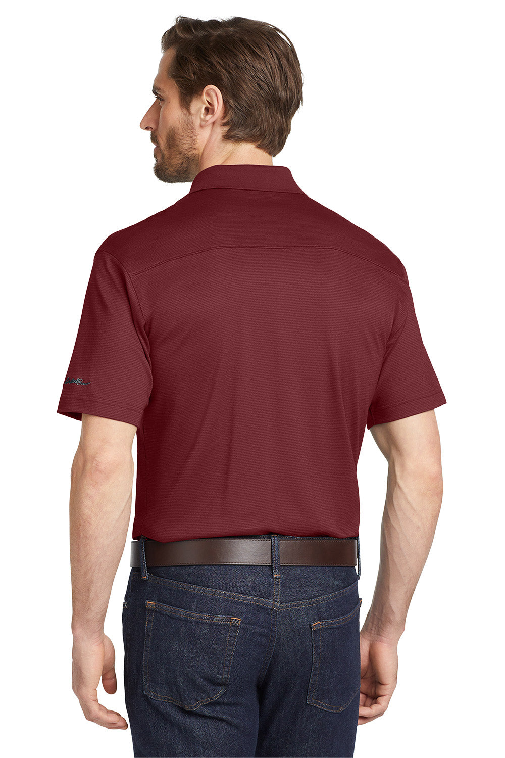 Man wearing a maroon polo shirt on a white background, Eddie Bauer® Performance Polo, Embroidered