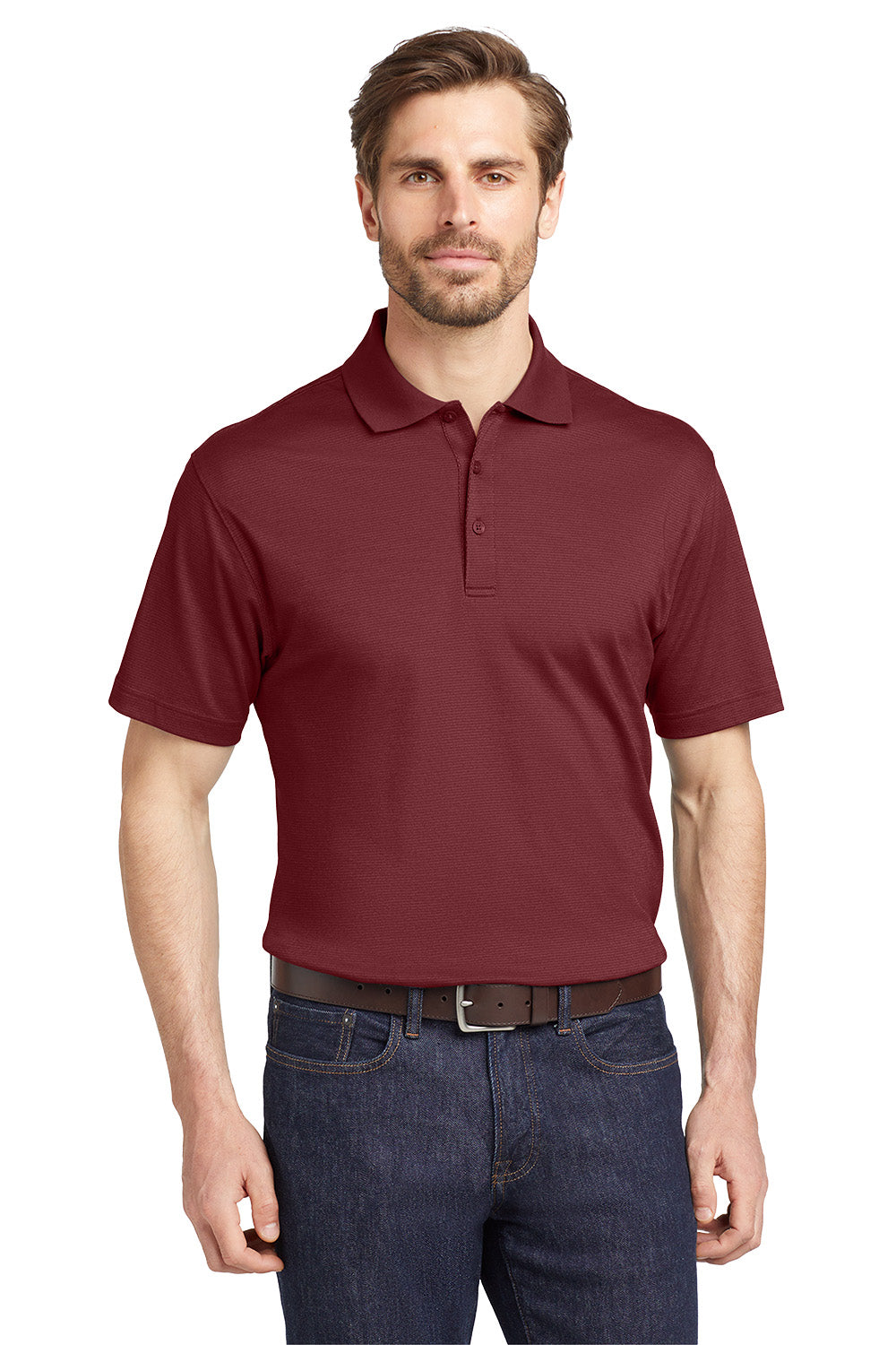 Man wearing a maroon polo shirt and blue jeans on a white background, Eddie Bauer® Performance Polo, Embroidered