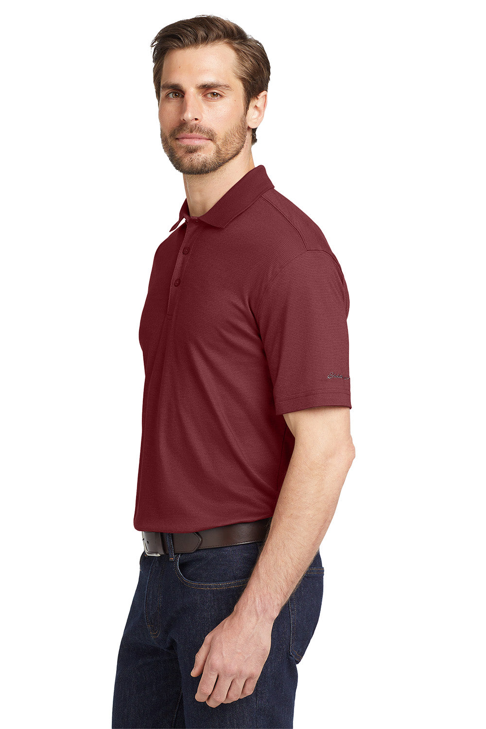 Man wearing a maroon polo shirt on a white background, Eddie Bauer® Performance Polo, Embroidered