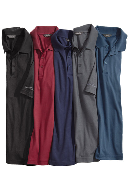 Five polo shirts in black, red, blue, gray, and navy arranged in a row on a white background. Eddie Bauer® Performance Polo, Embroidered