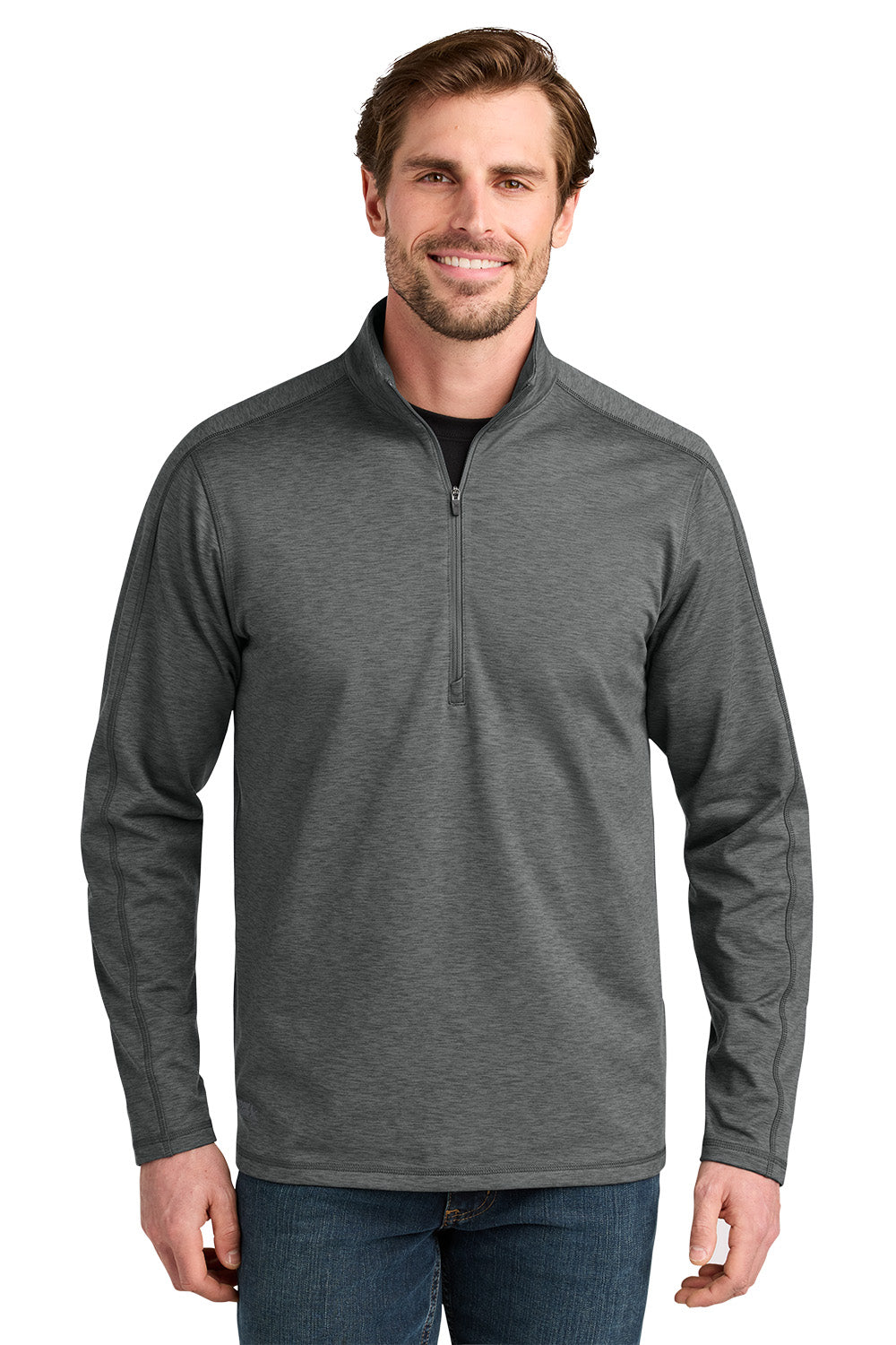 Man wearing a gray long-sleeve shirt with a quarter-zip on a white background. Eddie Bauer® Adventurer 1/4-Zip, Embroidered