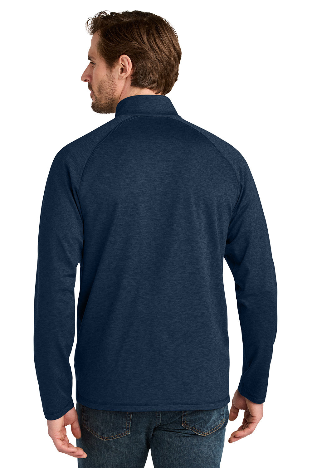 Man wearing a navy blue long-sleeve shirt on a white background. Eddie Bauer® Adventurer 1/4-Zip, Embroidered