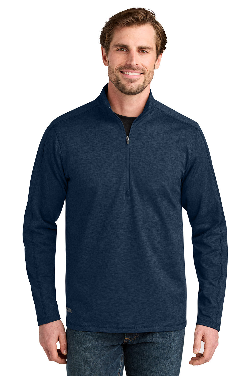 Man wearing a navy blue pullover on a white background. Eddie Bauer® Adventurer 1/4-Zip, Embroidered