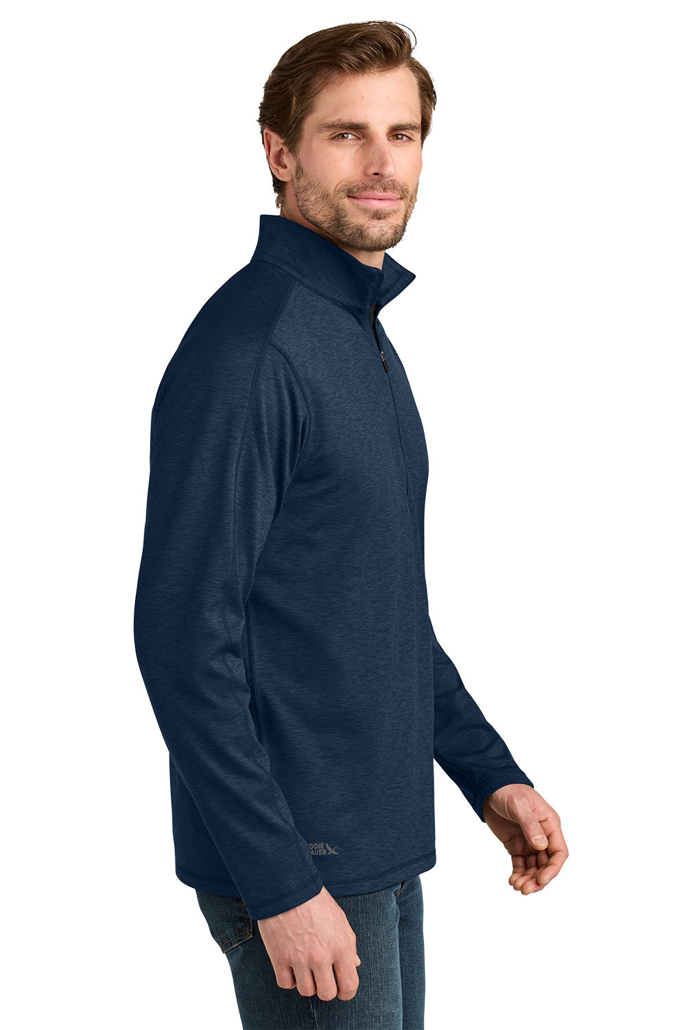Man wearing a navy blue pullover on a white background. Eddie Bauer® Adventurer 1/4-Zip, Embroidered