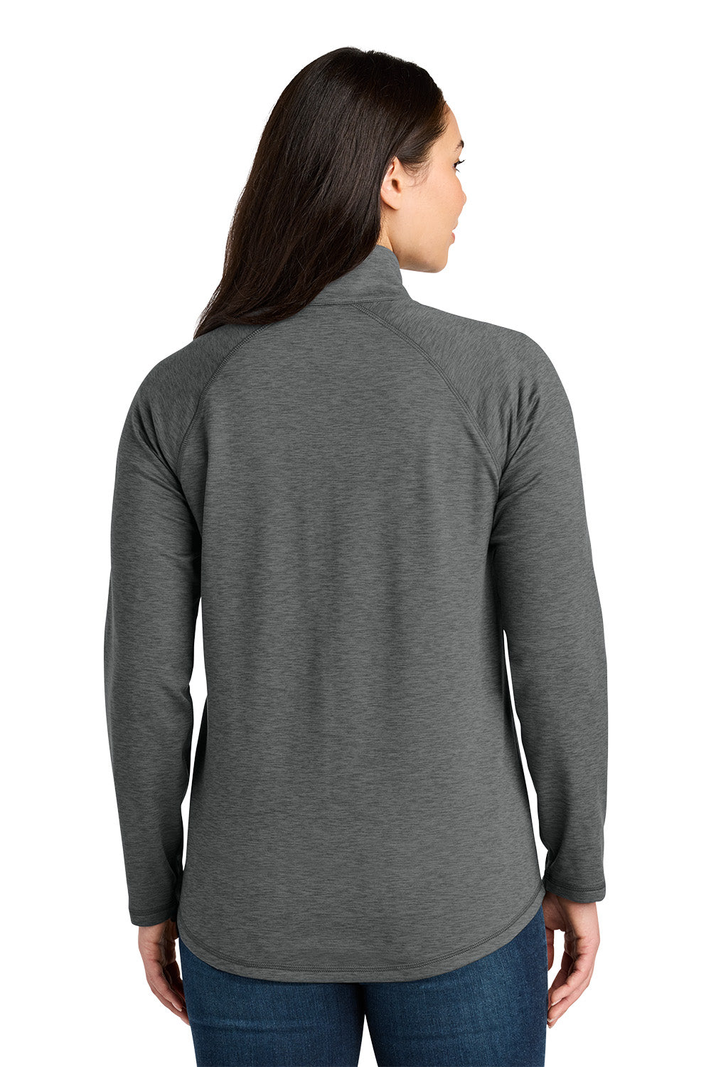 A woman viewed from the back wearing a dark heather gray long-sleeve mock neck top and blue jeans, set against a plain white background. Eddie Bauer® Women’s Adventurer Full-Zip, Embroidered