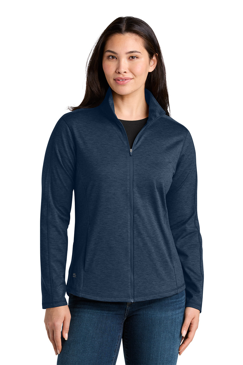 Woman wearing a navy blue jacket on a white background. Eddie Bauer® Women’s Adventurer Full-Zip, Embroidered