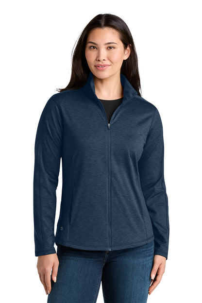 Woman wearing a navy blue jacket on a white background. Eddie Bauer® Women’s Adventurer Full-Zip, Embroidered