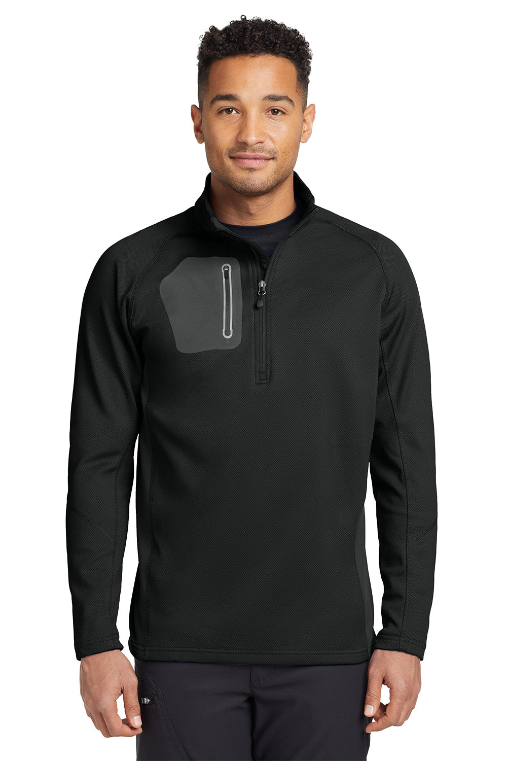 Man wearing a black pullover with a gray pocket on a white background. Eddie Bauer® 1/2-Zip Performance Fleece, Embroidered