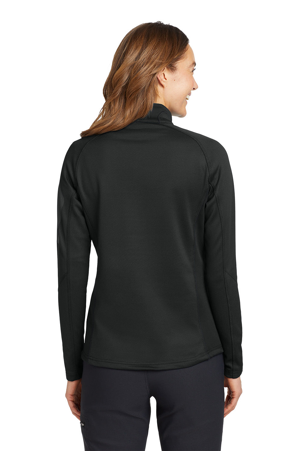 Woman wearing a black long-sleeve athletic top on a white background. Eddie Bauer® Women's 1/2-Zip Performance Fleece, Embroidered