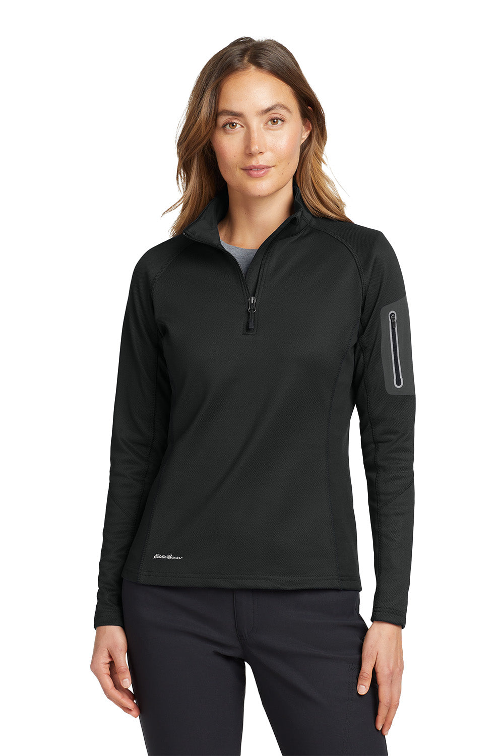 Woman wearing a black long-sleeve pullover with a quarter-zip design on a white background. Eddie Bauer® Women's 1/2-Zip Performance Fleece, Embroidered