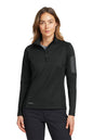 Woman wearing a black long-sleeve pullover with a quarter-zip design on a white background. Eddie Bauer® Women's 1/2-Zip Performance Fleece, Embroidered
