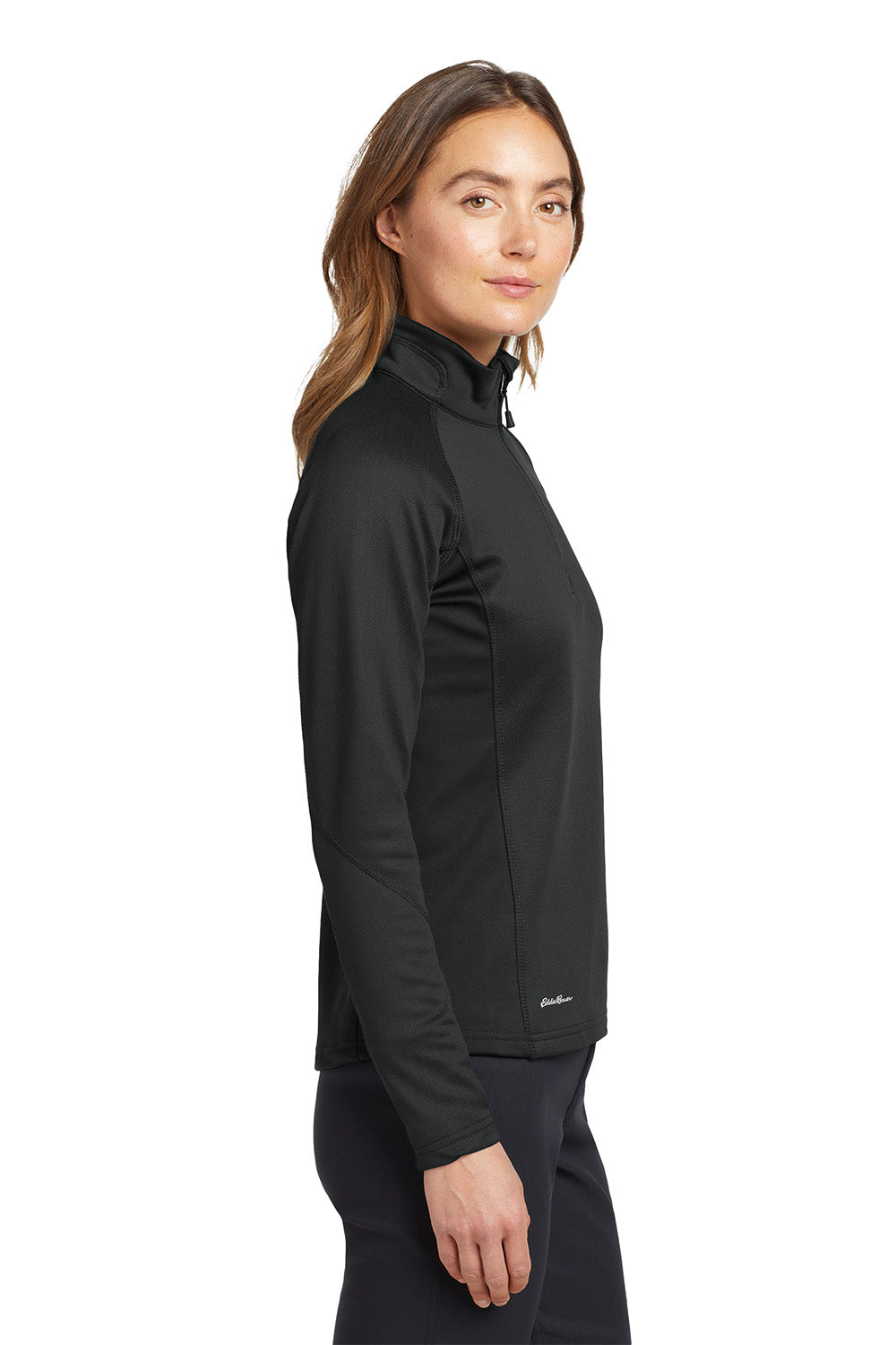 Woman wearing a black jacket on a white background. Eddie Bauer® Women's 1/2-Zip Performance Fleece, Embroidered
