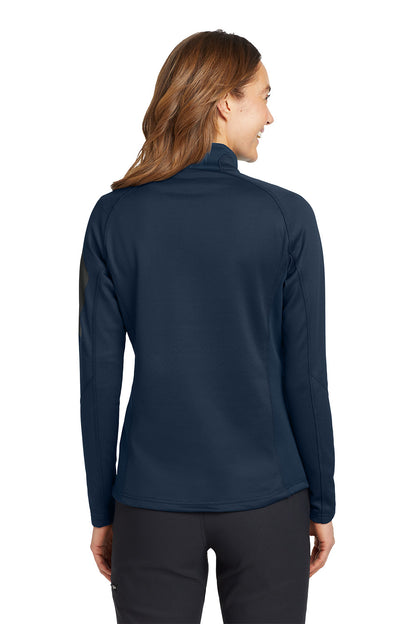 Woman wearing a black long-sleeve athletic top on a white background. Eddie Bauer® Women's 1/2-Zip Performance Fleece, Embroidered