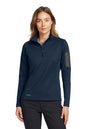 Woman wearing a navy blue pullover with a brand logo on a white background. Eddie Bauer® Women's 1/2-Zip Performance Fleece, Embroidered