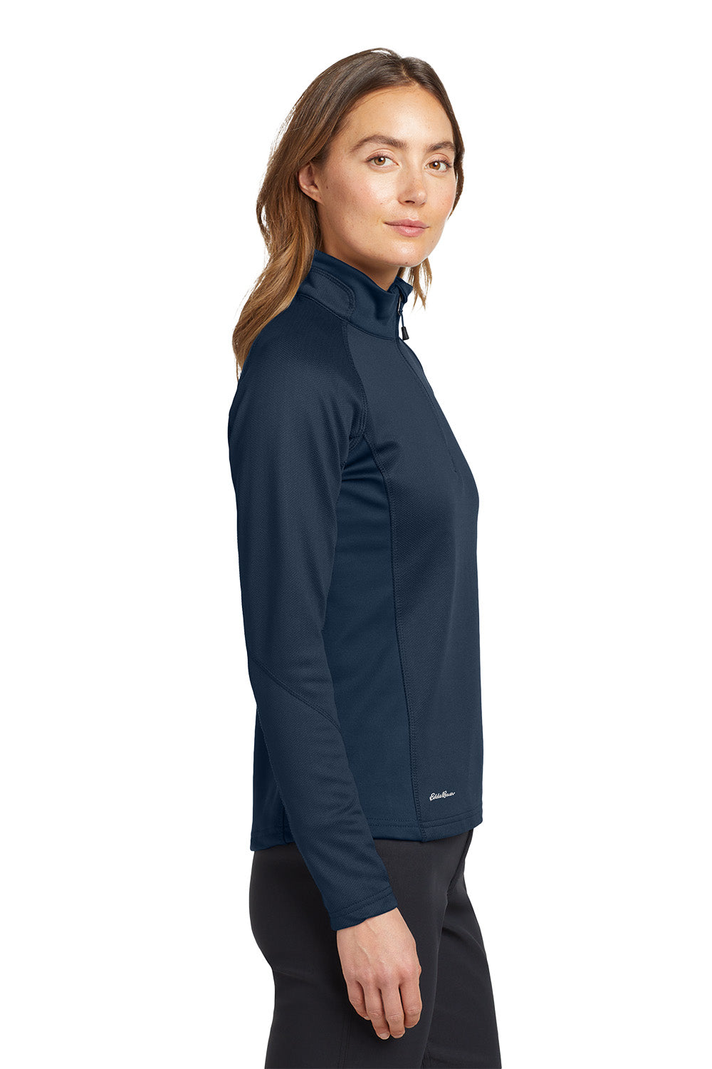 Woman wearing a navy blue jacket on a white background. Eddie Bauer® Women's 1/2-Zip Performance Fleece, Embroidered