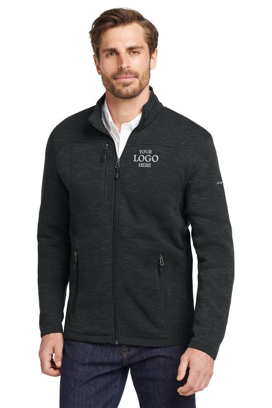 Man wearing a black jacket with a brand logo on a white background, Eddie Bauer® Sweater Fleece Full-Zip, Embroidered