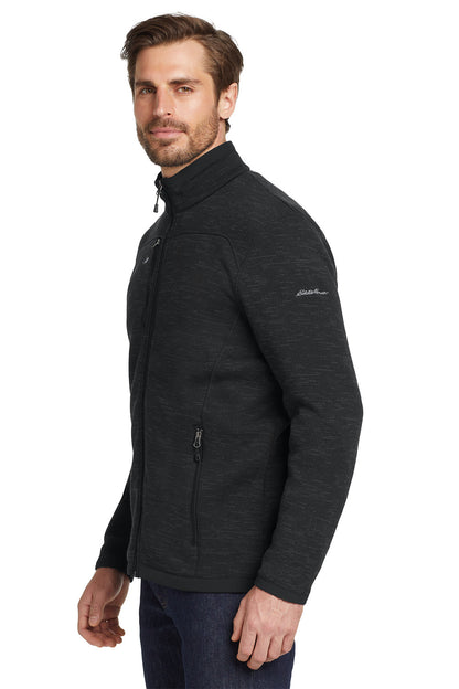 Man wearing a black jacket with a brand logo on a white background, Eddie Bauer® Sweater Fleece Full-Zip, Embroidered