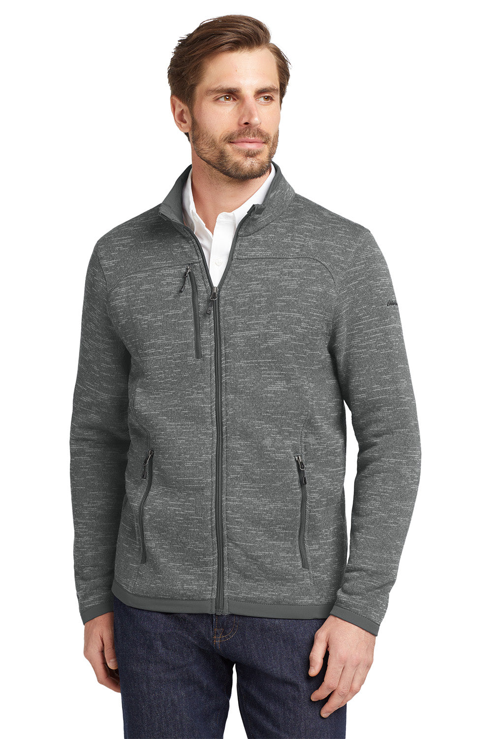 Man wearing a gray zip-up sweater over a white shirt on a white background, Eddie Bauer® Sweater Fleece Full-Zip, Embroidered