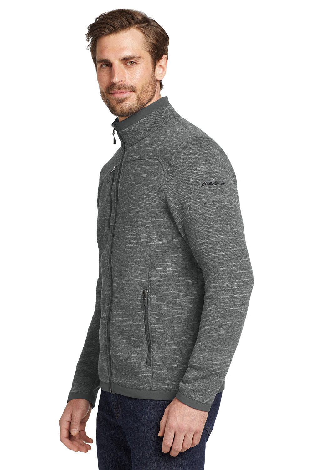 Man wearing a gray zip-up jacket on a white background, Eddie Bauer® Sweater Fleece Full-Zip, Embroidered