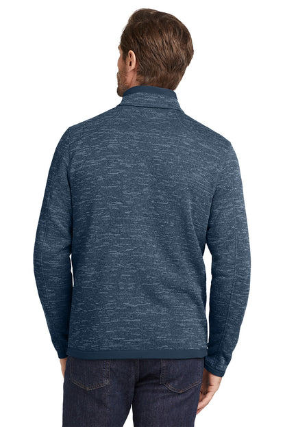 Man wearing a blue textured sweater from behind on a white background, Eddie Bauer® Sweater Fleece Full-Zip, Embroidered