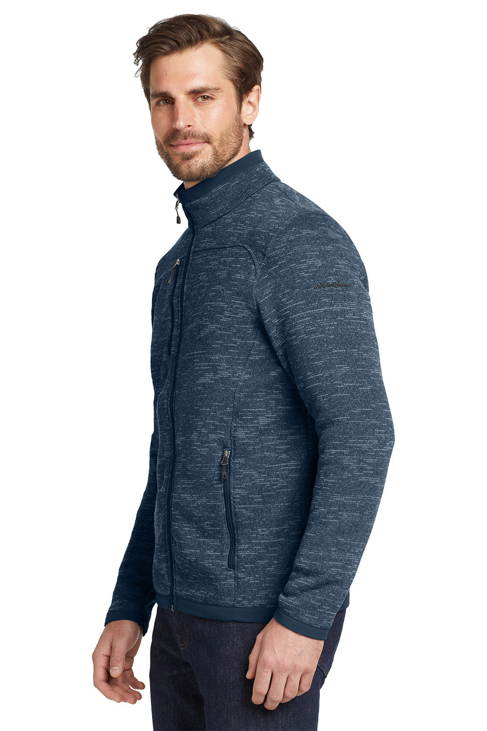 Man wearing a blue zip-up jacket on a white background, Eddie Bauer® Sweater Fleece Full-Zip, Embroidered
