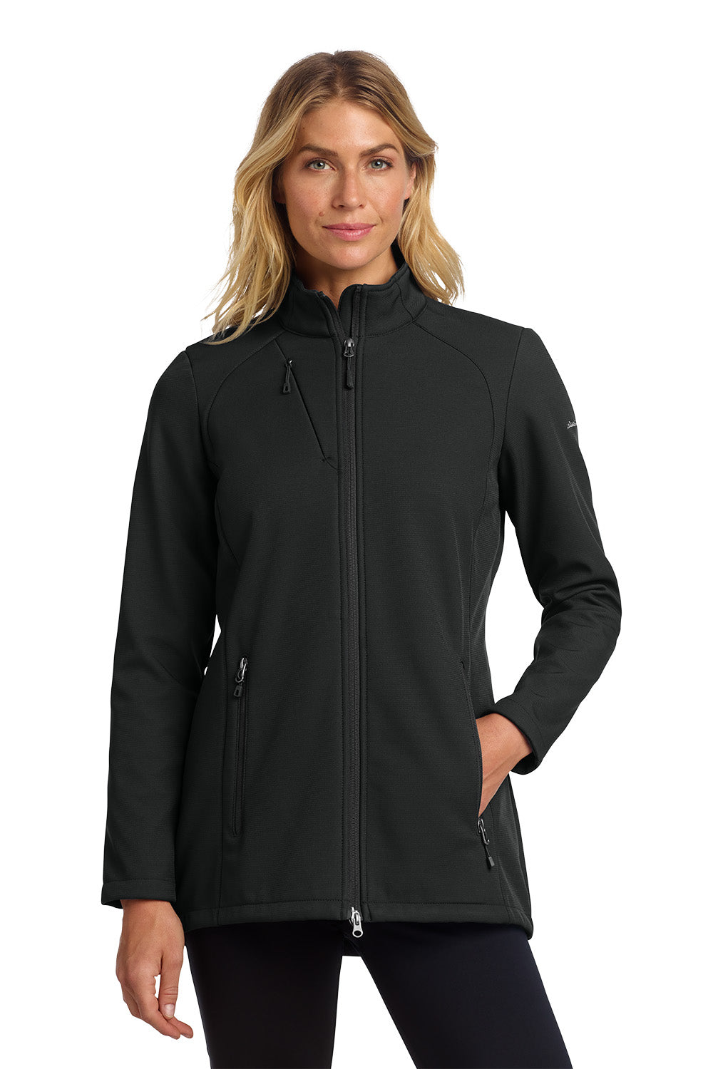 Woman wearing a black jacket on a white background embroidered Eddie Bauer® Women's Stretch Soft Shell Jacket
