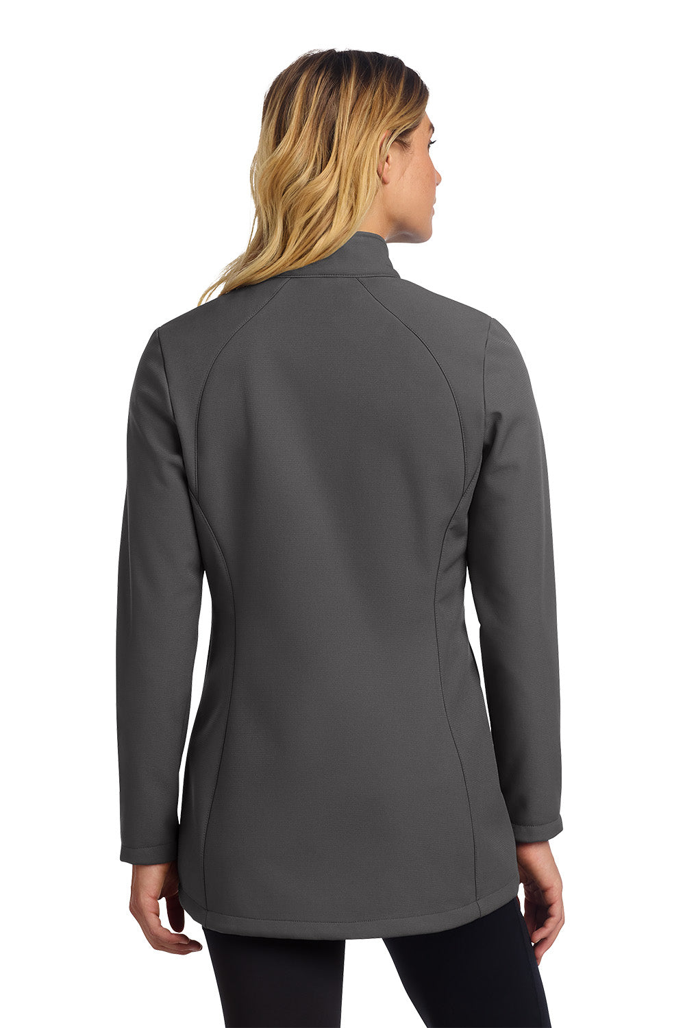 Woman wearing a gray jacket on a white background embroidered Eddie Bauer® Women's Stretch Soft Shell Jacket