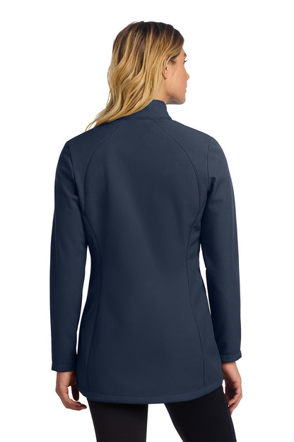 Person wearing a navy blue jacket on a white background embroidered Eddie Bauer® Women's Stretch Soft Shell Jacket